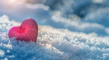 Fototapeta premium Valentine s Day web banner with shiny pink heart on white snow Outdoor background with copy space