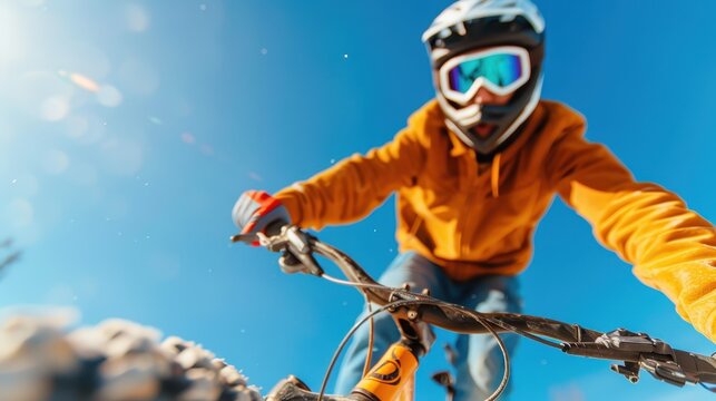 A cyclist in an orange jacket captured from a low angle against the vibrant blue sky, highlighting the dynamic motion, freedom, and exhilaration of the biking experience.