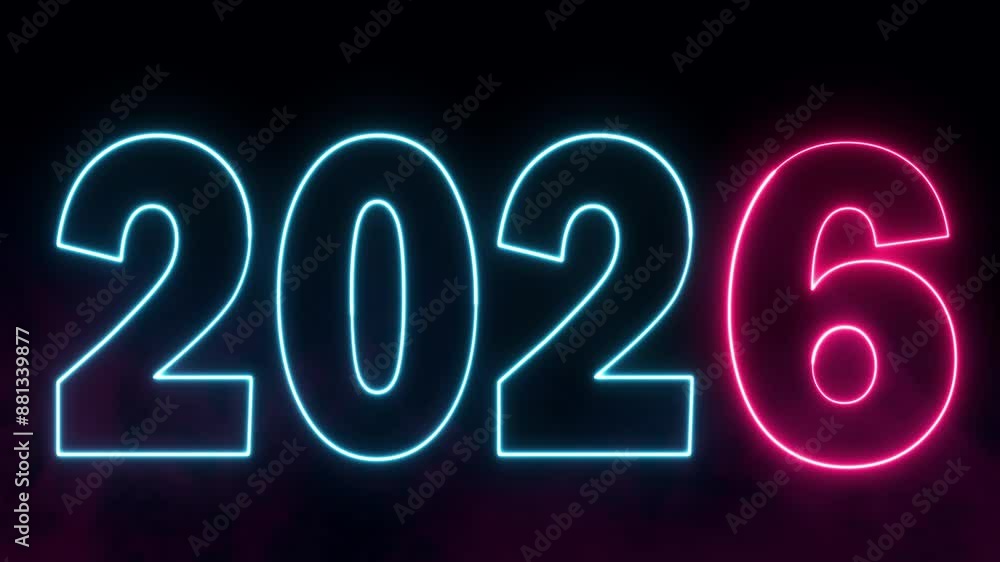 Poster 2026 text font with neon light. luminous and shimmering haze inside the letters of the text happy ne