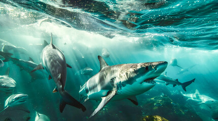 Naklejka premium Sharks Chasing Seal Prey Underwater in the Deep Blue Ocean Dramatic scene of marine predators hunting their aquatic prey in the depths of the turquoise sea