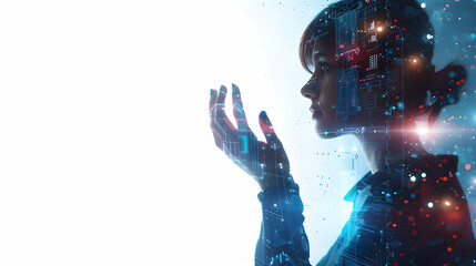 3D Flat Icon: Person Interacting with Holographic Interface and Virtual Charts, Futuristic Work Concept with Copy Space on White Background