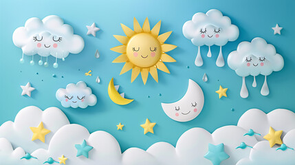 Paper cut style 3D cartoon weather elements on cute background