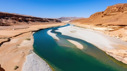 An alluring image capturing a serpentine river cutting its way through rugged and desolate desert terrain, showcasing a contrast between vibrant blue water and the earthy desert hues.