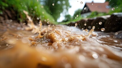 A detailed view of muddy water splashing along a path in a rural area, highlighting the dynamic movement and natural elements surrounding the water flow.