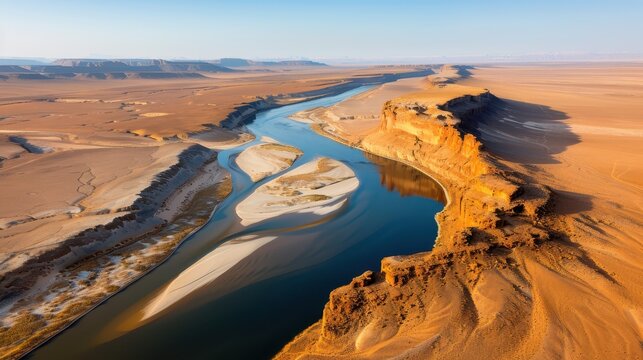 A breathtaking view of a large, winding river cutting through an expansive arid desert landscape, with a dramatic play of light as the sun sets, casting warm hues over the scene.