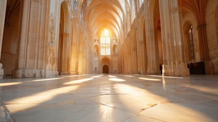A captivating interior shot of a cathedral with light filtering through the stained glass windows, casting sublime patterns on the floor and highlighting the majestic arches and spacious nave.
