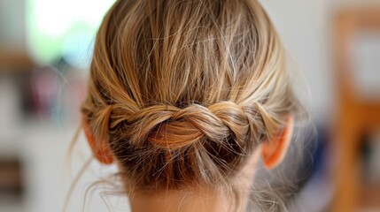 Naklejka premium A close-up view of a woman's hair styled in a simple, elegant braided bun, suitable for everyday wear, showcasing a blend of practicality and beauty.
