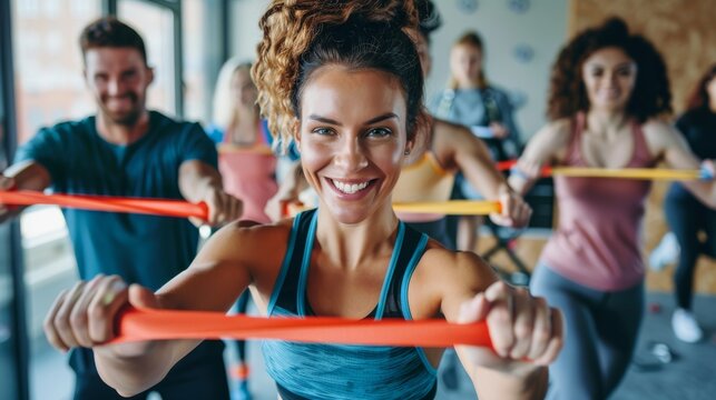 A team of professionals using resistance bands for a quick office workout session