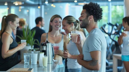 Colleagues mingling and enjoying post-workout smoothies at a bar in a modern office cafeteria, with fitness equipment visible in the background