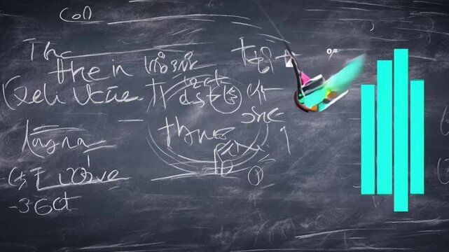 Blackboard filled with chalk scribbles and diagrams. Close-up reveals hastily written notes, mathematical symbols, and sketched concepts. Dusty surface adds authentic classroom atmosphere.	