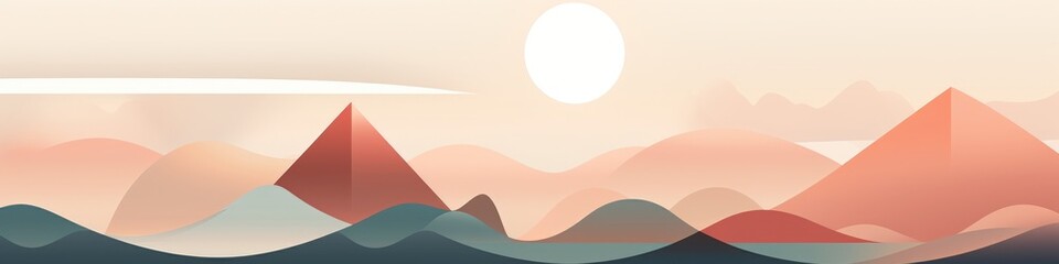 A digital illustration depicting a sunset over a mountain range, with a single white sun in the sky