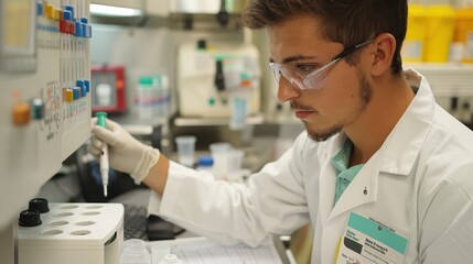 Obraz premium A scientist, equipped with a lab coat and gloves, is working in a laboratory setting using various scientific equipment and tools to conduct experiments and analysis.