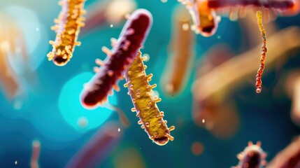 A highly magnified view of bacteria floating in a scientific environment, illustrating the intricate structures and details of microorganisms crucial for scientific research.