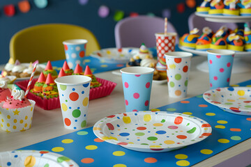 A table set for a birthday party with plates, cups, and party favors