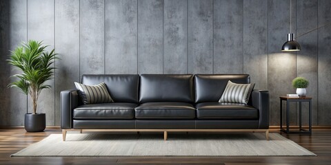 Sleek black leather sofa in modern living room setting, living room, furniture, interior design, comfortable, luxury