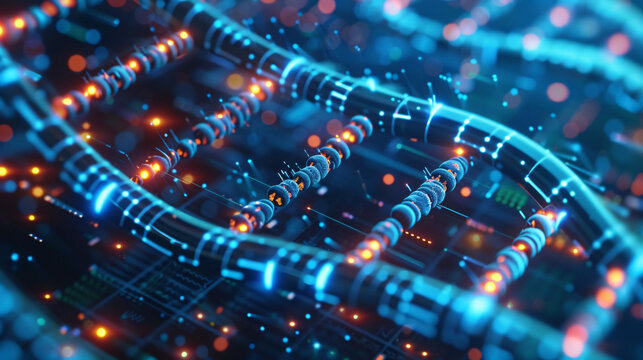 Close-up view of glowing DNA microarray chip on tech-themed backdrop