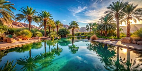 Fototapeta premium Serene oasis in the desert with palm trees and a crystal clear blue pool, oasis, desert, serene, tranquil, palm trees, pool