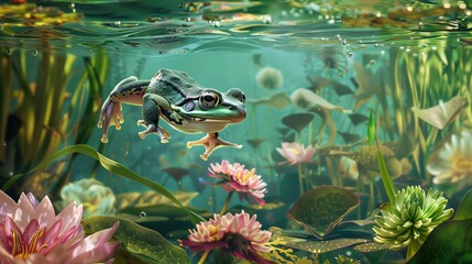 Fototapeta premium Baby frog swimming through an underwater jungle of plants and flowers , horizontal Composition, product view, Centered Composition, masterpiece, best quality, highly detailed.