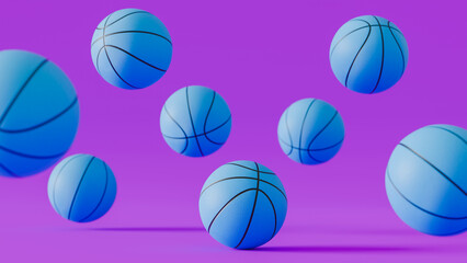 eight blue basketballs bounce on isolated purple stage, sports and teams theme, 3d illustration