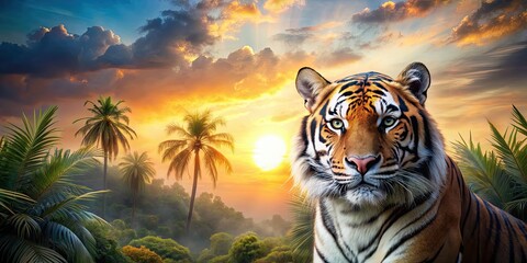 Regal tiger with double exposure of exotic jungle and setting sun , tiger, regal, double exposure, exotic, jungle, sunset, sun