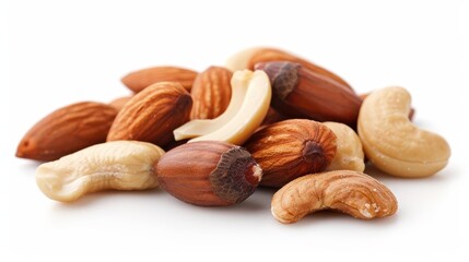 A close-up of a variety of mixed nuts including almonds, cashews, and hazelnuts arranged in a pile on a clean white surface, highlighting the textures and colors.