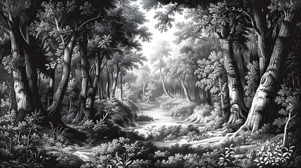 Engraving-style forest scene with diverse trees, undergrowth, rich natural backdrop.