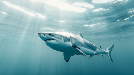 Close-up of a majestic great white shark swimming gracefully in the deep blue ocean waters