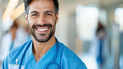 Obraz premium A cheerful male doctor in blue scrubs and a stethoscope, smiling warmly at the camera, representing professionalism, health, and care in a medical environment.