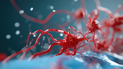 A striking abstract 3D rendering showing red neural network connections, beautifully highlighting the complexity and dynamism of neural pathways in a dark blue setting.