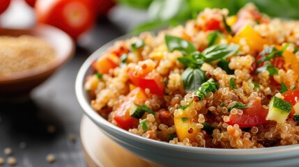 A vibrant bowl of quinoa mixed with colorful veggies such as tomatoes and peppers, representing a healthy, nutritious, and delicious meal option for those seeking balance in their diet.