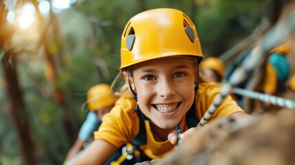 A young child climber wearing a yellow helmet and engaging in an outdoor climbing activity, smiling and embodying adventure, joy, and youthful energy.