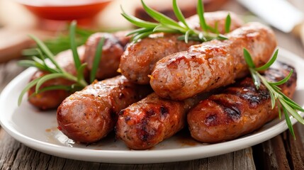 A delicious plate of grilled sausages garnished with fresh rosemary, capturing the essence of a hearty meal ideal for any occasion and pleasing to the eye.