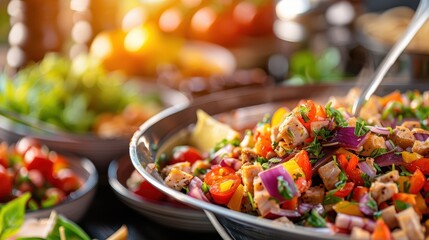 A fresh and colorful salad with diced chicken, mixed vegetables, and an aromatic dressing. This vibrant dish appears inviting and healthful, perfect for a light, nutritious meal.