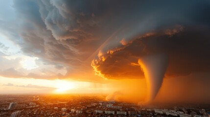 Fototapeta premium An awe-inspiring photograph of a tornado touching down amidst a dramatic sky at sunset, casting an eerie yet beautiful light over the surrounding cityscape and buildings.