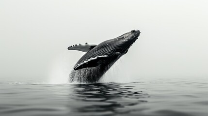 Fototapeta premium Graceful Humpback Whale Leaping from the Ocean Depths in Black and White
