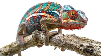 Male Panther Chameleon in charge on branch with white backdrop Furcifer pardalis ambilobe