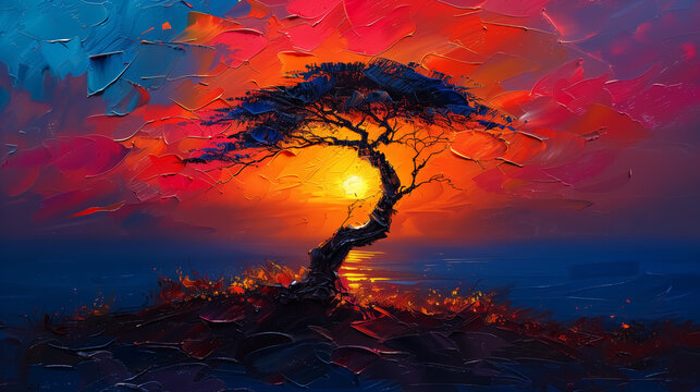 impressionist landscape oil painting, palette knife artwork for a tree. Design for Wall Art, Poster Print, Wallpaper & Background