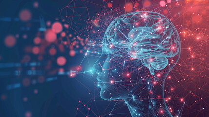 Modern illustration of human head with digital connections and neural networks