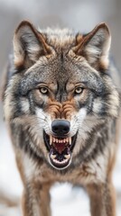 Fototapeta premium Close up of a wild gray wolf snarling with sharp teeth and yellow eyes, isolated on white background