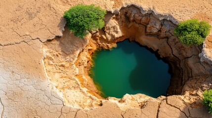 Fototapeta premium Aerial view of a large sinkhole filled with green water, surrounded by cracked earth and small patches of greenery, representing a stark contrast in desert environment.