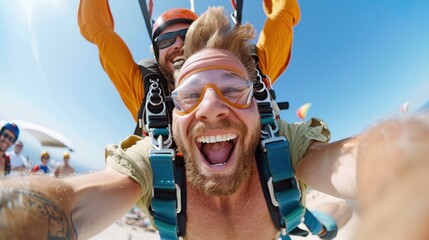 Tandem paragliding experience over a beach, with two individuals harnessed together soaring high under a clear blue sky, portraying a thrilling and adventurous leisure activity.