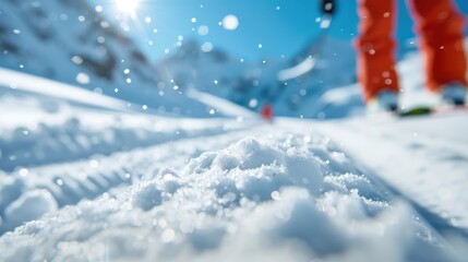 Close-up of snow and skis with person, capturing the essence of a bright, sunny day with a stunning mountain backdrop perfect for winter sports enthusiasts.
