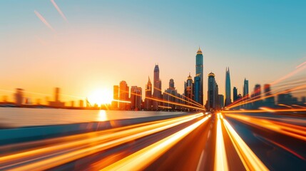 Obraz premium A stunning cityscape at sunset, captured with dynamic light trails that create a sense of motion, showcasing modern urban life in a bustling city environment.