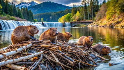 In a pristine wilderness, industrious beavers construct a shimmering platinum dam from recycled trash and discarded industrial waste materials.
