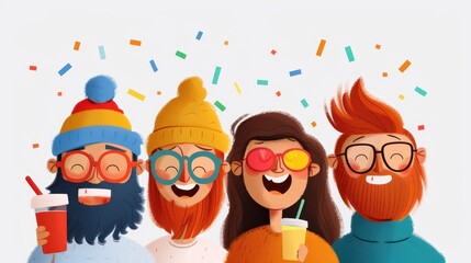 A lively illustration of three animated friends celebrating with confetti, each holding a drink, dressed in cozy winter clothing and showing happy expressions.