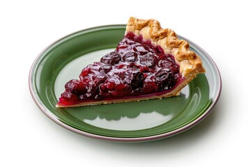 Slice of fresh cherry pie on green plate isolated on white background. Traditional homemade bakery