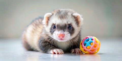 Adorable baby ferret playing with a toy, ferret, baby animal, cute, playing, fluffy, small, pet, domestic, young, mammal, playful