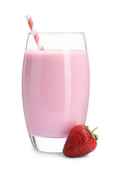 Tasty yogurt in glass and fresh strawberry isolated on white