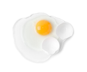 Broken raw egg with shell isolated on white, above view