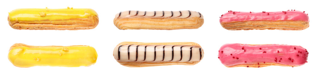 Tasty eclairs with frosting isolated on white, set